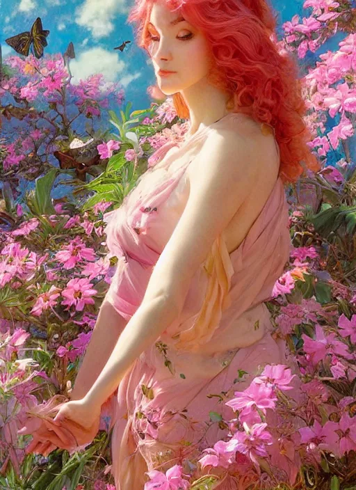 Prompt: harmony of pink haired yoongi wearing greek clothes, muted colors, colorful flowers, tropical, sunlight filtering through skin, dynamic hair movement, dynamic pose, glowing butterflies, j. c leyendecker, by alan lee, wlop! illustrated by starember, fantasy art by craig mullins