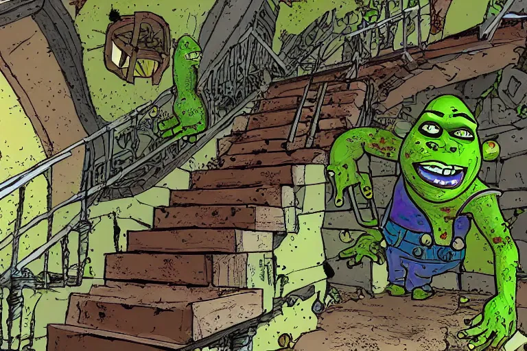 Prompt: wide shot of zombie shrek climbing the stairs to board a spaceship, highly detailed, 3d