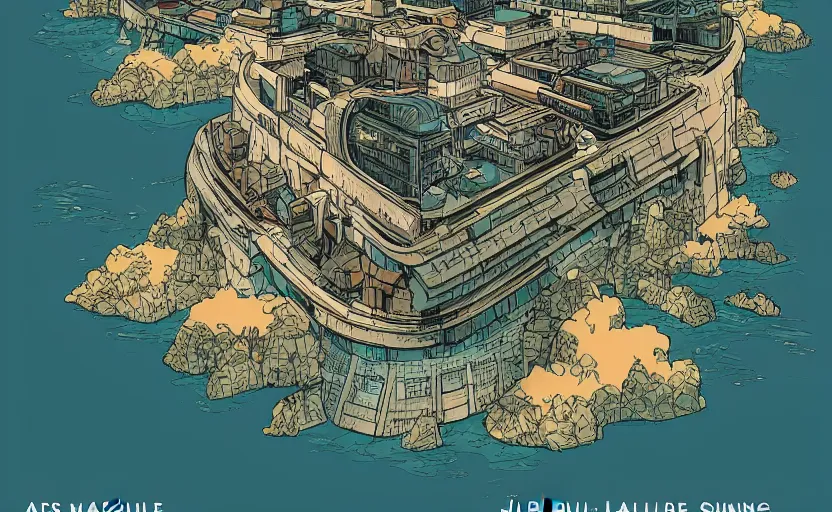 Image similar to a metropolis built on a island floating above the sea in the sky, waterfalls fall from the island into the sea, by Laurie Greasley, artstation, Studio Ghibli color scheme
