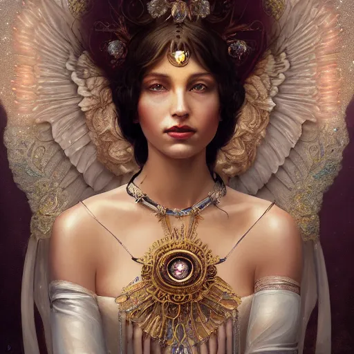 Image similar to A beautiful digital painting of a female Seraphim full of jewels, princess, the moon behind her, intricate, cinematic lighting, highly detailed, digital painting, Artstation, concept art, smooth, sharp focus, illustration, art by Tom Bagshaw, Artgerm and Greg Rutkowski