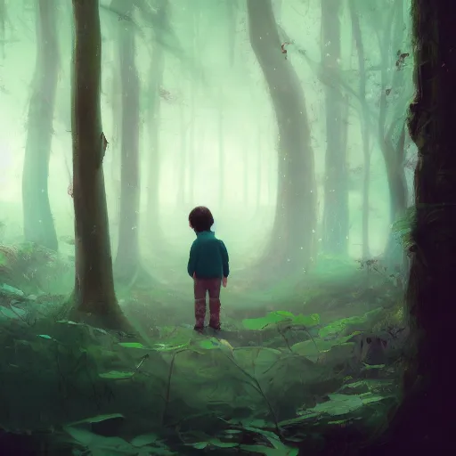 Image similar to a little boy lost in the magic woods, by elsa bleda, by ben enwonwu, by yanjun cheng, wide angle, concept art, artstation, cinematic, atmospheric, anamorphic, film, sleepy hollow, intricate, 4 k, 8 k, astounding