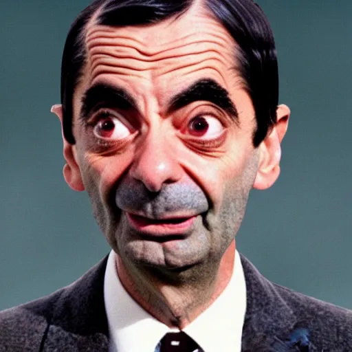 Prompt: extremely zoomed-in photo of Mr. Bean's shocked face