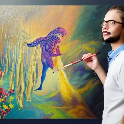 Prompt: an epic painting of an artist, standing in front of canvas, holding tassel and drawing outlines of the new brighter and better world, right - side view, fantasy background, mystic, mysterious, oil on canvas, symmetric, perfect composition, golden ratio, concept art, smooth, sharp focus, illustration, artstation trending, unreal engine, hd, 8 k, highly detailed