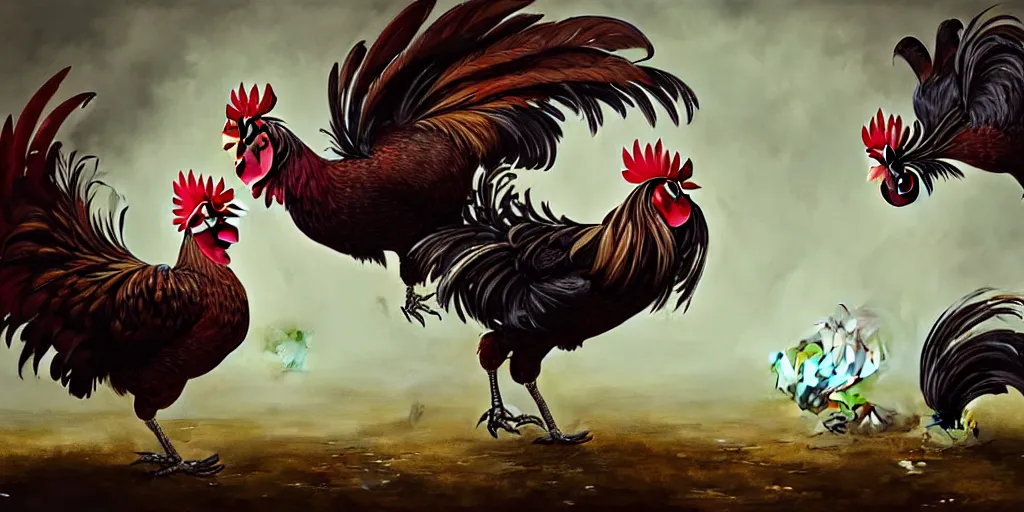 Prompt: digital painting of two roosters fighting, by karl wilhelm de hamilton and greg rutkowski, dieselpunk, steampunk, highly detailed, intricate, sharp focus, portrait, talons, anatomy, beak, wings