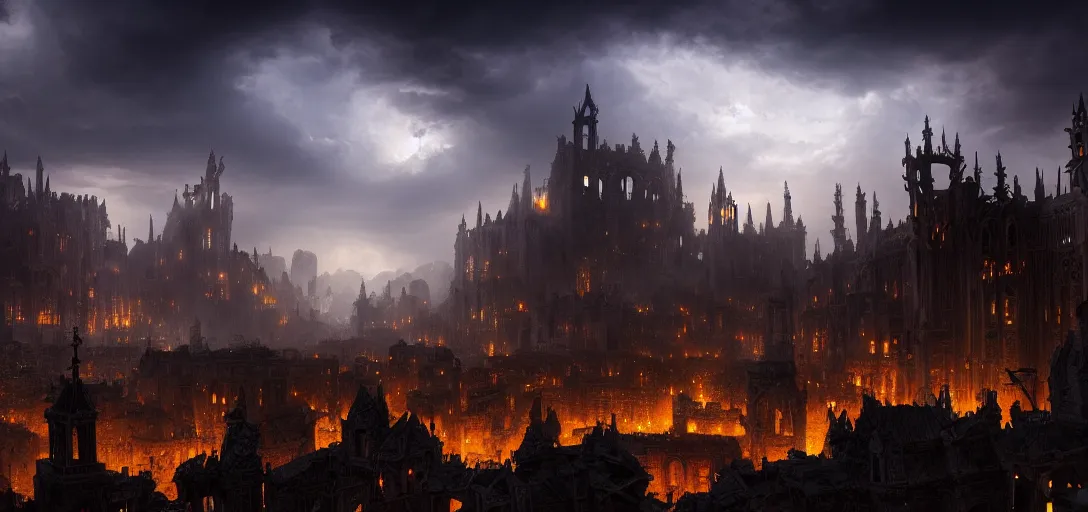 Image similar to view of an gothic city in ruins at night, crumbling castles, glowing dragons breathing fire, dramatic clouds, glowing fog, dramatic lighting, ultra detailed, sharp, ambient occlusion, raytracing, by greg rutowski, paul chadeisson and jessica rossier