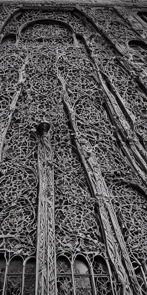 Prompt: a professional photograph of a beautiful modern building by Louis Sullivan and H.R. Giger covered in black ironwork vines, rusticated stone base, stone stone, a dramatic sky, Sigma 75mm, ornate, very detailed, hyperrealistic, liminalspaces, Symmetrical composition, centered, intricate, panoramic, Dynamic Range, HDR, chromatic aberration, Orton effect, 8k render, photo by Marc Adamus, cinematic, cgsociety, vignette, vignette , artstation,