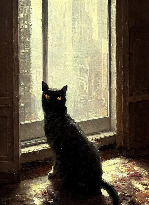 Prompt: a portrait of a cat inside a modern apartment, intricate oil painting, hyperdetailed, ethereal, cinematic, dramatic lighting, by jeremy mann and julius adam ii