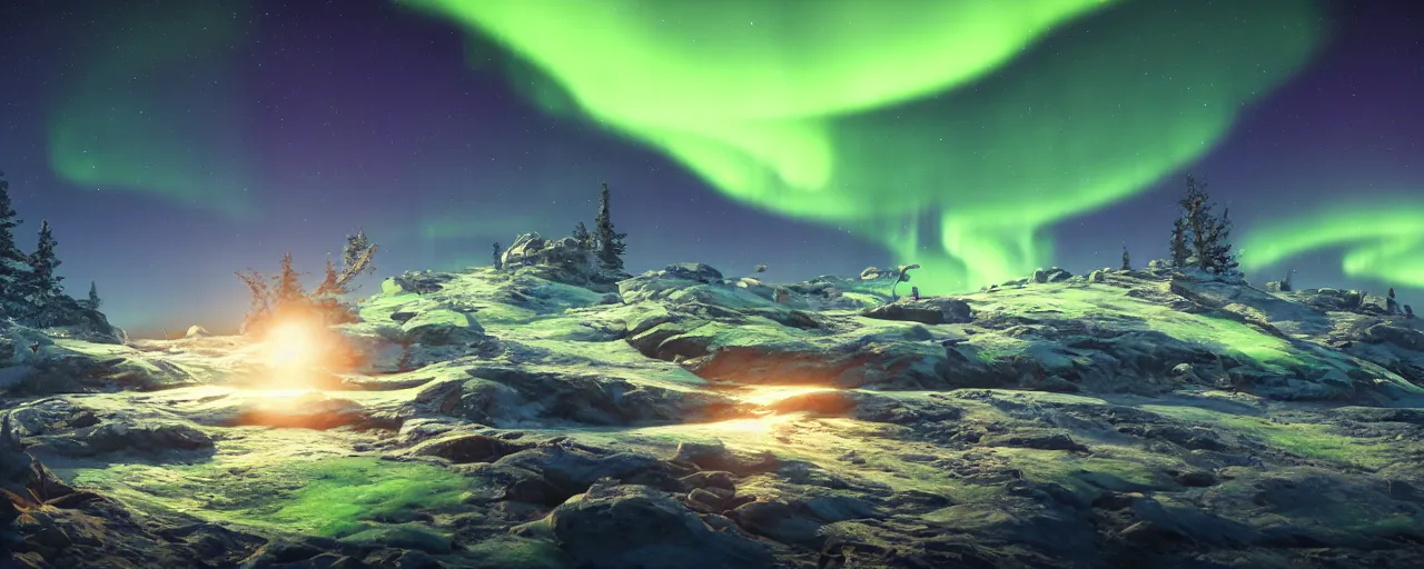 Image similar to a beautiful landscape with northern lights 8 k uhd, unreal engine, octane render in the artstyle of finnian macmanus, john park and greg rutkowski