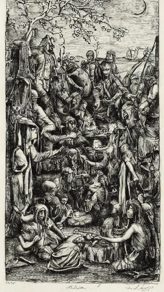 Image similar to an etching of pagan folklore, by david gentleman