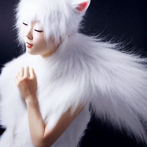 Image similar to full body aesthetic photograph of a beautiful young Japanese woman wearing fuzzy white cat ears, by Nick Knight, headshot, realistic, photorealistic, HD, 4k resolution