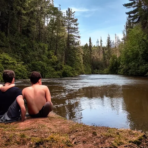 Image similar to two men sitting on a small damn on a river with a forest in the background