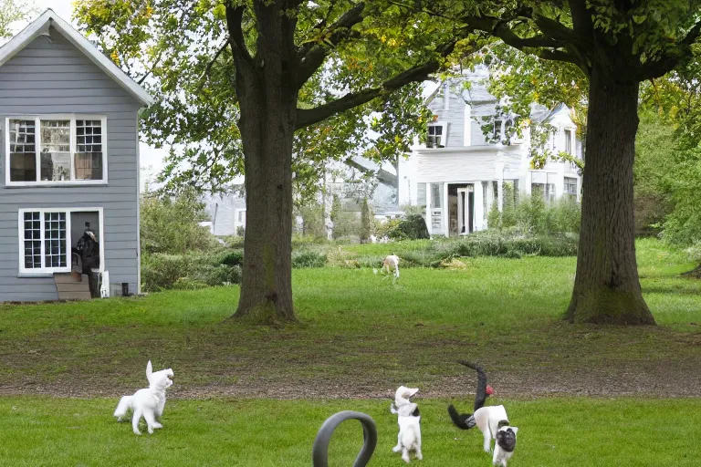 Image similar to the sour, dour, angry lady across the street is walking her three tiny white dogs on leashes. she shuffles around, looking down. she has gray hair. she is wearing a long gray cardigan and dark pants. highly detailed. green house in background. large norway maple tree in foreground. view through window.