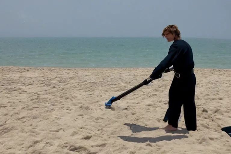 Image similar to Anakin Skywalker vacuuming the beach to remove sand