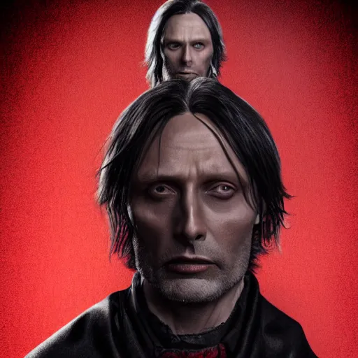 Image similar to mads mikkelsen as a vampire, male, late - 4 0 s aged, very long hair, slicked black hair, red eyes, clean shaven, wearing a cape, regal, royal, grim facial expression, high medieval fantasy, full color digital art, cinematic shot, portrait, wide shot.