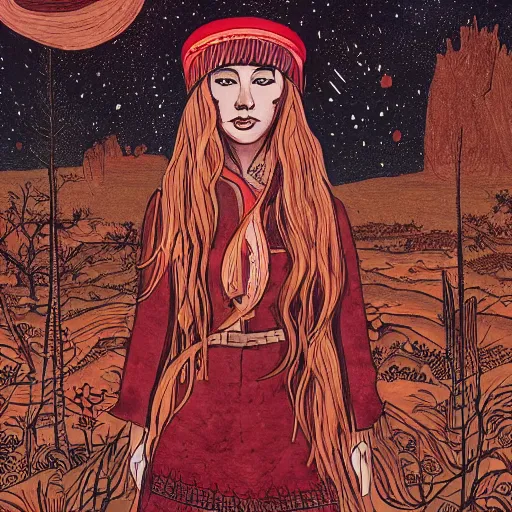 Prompt: navajo red by zeen chin, by sam bosma placid, bleak. a beautiful street art of a woman with long flowing hair, wild animals, & a dark, starry night sky.