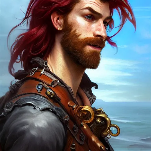 Image similar to portrait of a young ruggedly handsome but joyful pirate, male, masculine, upper body, red hair, long hair, d & d, fantasy, piercing gaze, sharp features, intricate, elegant, highly detailed, digital painting, artstation, concept art, matte, sharp focus, illustration, art by artgerm and greg rutkowski and alphonse mucha