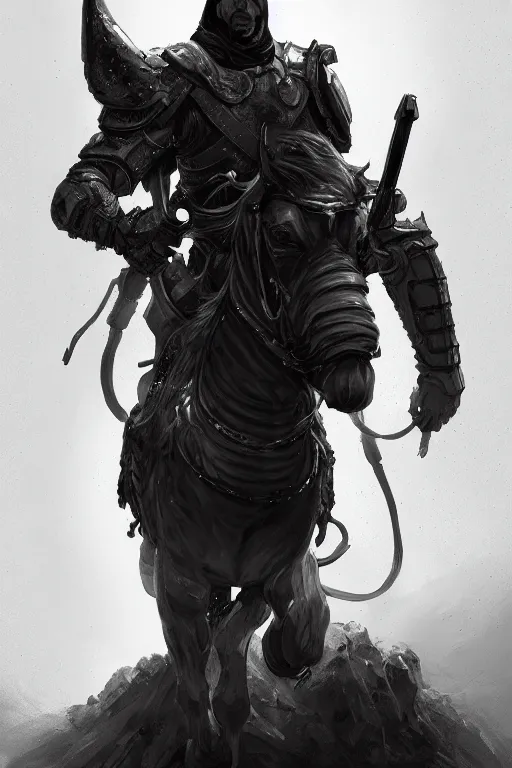 Image similar to a portrait of the horseman of the apocalypse, war, grim - lighting, high - contrast, intricate, elegant, highly detailed, digital painting, artstation, concept art, smooth, sharp focus, illustration