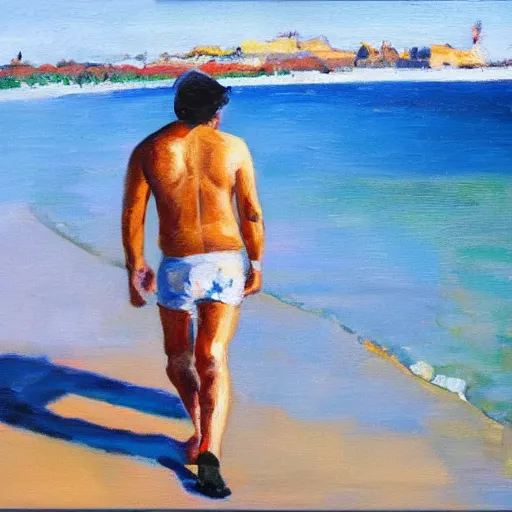 Image similar to a man walking in a sunny day in the beach with black shorts, oil painting