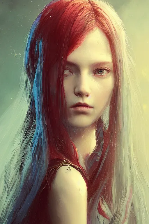 Image similar to a fancy portrait of a beautiful young girl with long blue hair and red eyes by greg rutkowski, sung choi, mitchell mohrhauser, maciej kuciara, johnson ting, maxim verehin, peter konig, bloodborne, 8 k photorealistic, cinematic lighting, hd, high details, dramatic, dark atmosphere, trending on artstation