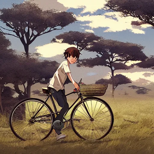 Image similar to a boy riding his bike through the plains of rural japan, high intricate details, rule of thirds, golden ratio, cinematic light, anime style, graphic novel by fiona staples and dustin nguyen, by beaststars and orange, peter elson, alan bean, studio ghibli, makoto shinkai