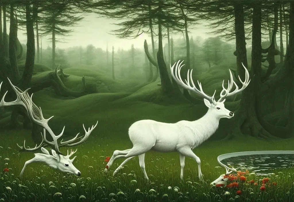 Prompt: hyper detailed 3d render like a Oil painting - white stag drinking from a silvery pool in a peaceful lush meadow, by Jacek Yerka, Mariusz Lewandowski, Houdini algorithmic generative render, Abstract brush strokes, Masterpiece, Edward Hopper and James Gilleard, Zdzislaw Beksinski, Mark Ryden, Wolfgang Lettl, hints of Yayoi Kasuma, octane render, 8k