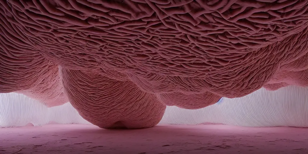 Image similar to biomorphic inflated structures by ernesto neto, light - mint with light - pink color, 4 k, insanely quality, highly detailed, film still from the movie directed by denis villeneuve with art direction by zdzisław beksinski, telephoto lens, shallow depth of field