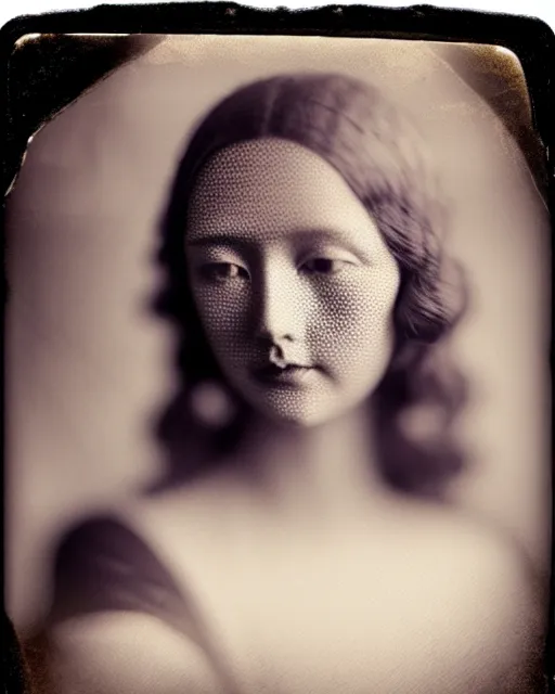 Prompt: [ [ [ [ [ [ tintype ] ] ] ] ] ] black and white dreamy young beautiful veiled female artificial intelligence, realistic pearl ornament in the face, long hair are intricate with highly detailed realistic pearls, cinematic, rim light, bokeh, photo - realistic, elegant, high detail, 8 k, masterpiece, photo taken in 1 9 3 0