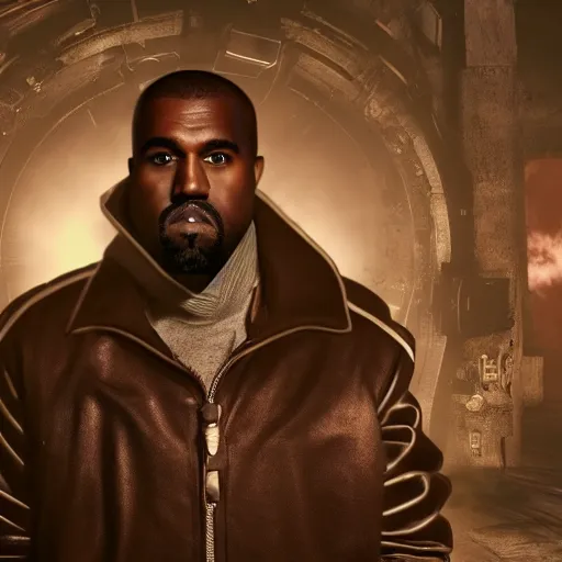 Image similar to Portrait of Kanye West as willy wonka in gears of war, splash art, movie still, cinematic lighting, dramatic, octane render, long lens, shallow depth of field, bokeh, anamorphic lens flare, 8k, hyper detailed, 35mm film grain