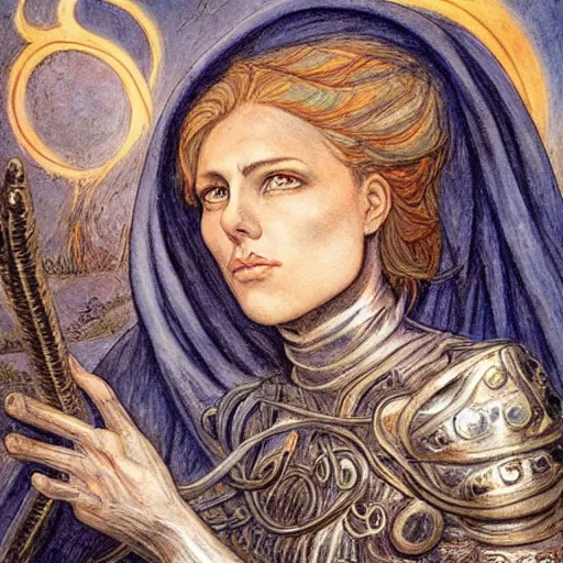 Prompt: most beautiful jeanne d'arc in the style of william blake, terese nielsen, detailed, intricate, beautiful faces, steve argyle, loss of sanity, ecclesial wolf's den pastoral fantastic reality