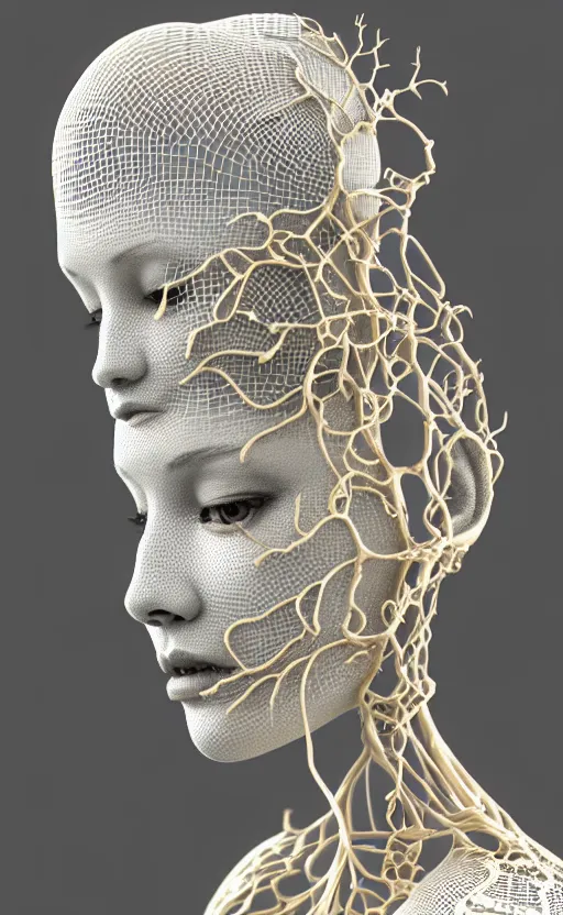 Image similar to complex 3d render of a beautiful porcelain profile woman face, vegetal dragon cyborg, 150 mm, beautiful natural soft light, rim light, silver gold details, magnolia leaves and stems, roots, fine lace, maze like, mandelbot fractal, anatomical, facial muscles, cable wires, microchip, elegant, highly detailed, white metallic armour, octane render, black and white, H.R. Giger style