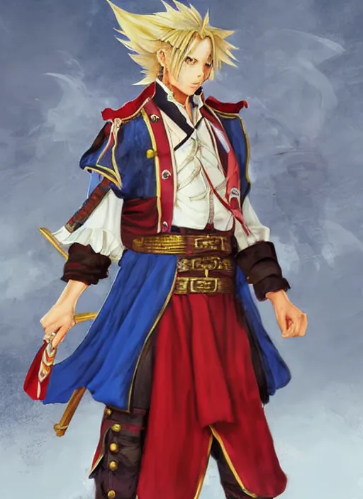 Image similar to a pirate king, old - trimmed uniform with a red sash around his waist, stern expression, blue eyes. hd, 8 k. anime. final fantasy concept art. artwork by wen yu li, art by wen yu li.