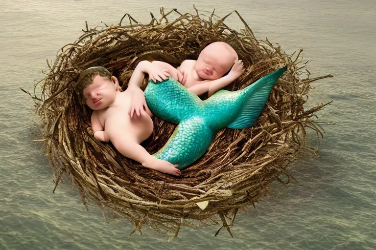 Image similar to a baby mermaid laying in a nest under the ocean, photography, concept art, digital art, trending on artstation, 4 k, extremely detailed, realistic, photorealistic, anne geddes