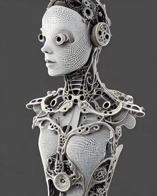 Image similar to monochrome 3 d model, 1 8 7 0 picture, silver mesh floral steampunk biomechanical beautiful young female cyborg with porcelain profile face and a techno eye, volumetric light, leaves foliage and stems, hibiscus flowers, sinuous fine roots, fine foliage lace, alexander mcqueen, rim light, big gothic fashion pearl embroidered collar, octane render, 8 k