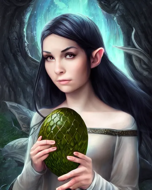 Prompt: portrait of elven teenage mage with long black hair holding dragon egg by artgerm modern fantasy 4 k ultra high resolution