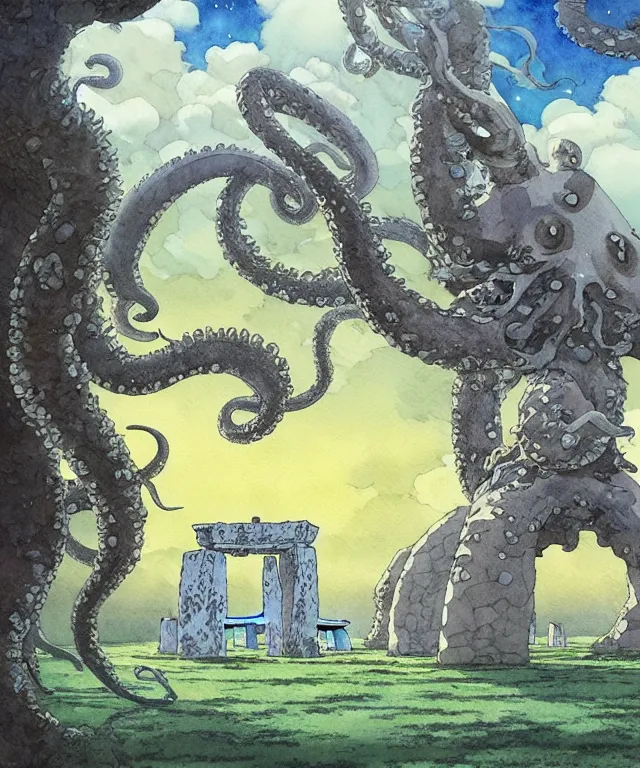 Image similar to a hyperrealist studio ghibli watercolor fantasy concept art. in the foreground is a giant grey octopus building and putting stones in to place on top of stonehenge with a starry sky. by rebecca guay, michael kaluta, charles vess