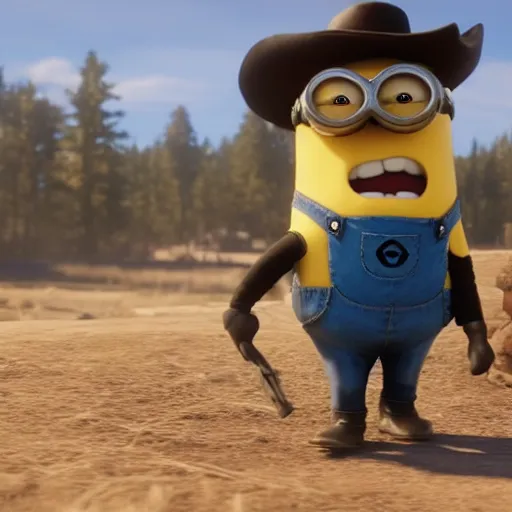 Prompt: Film still of a Minion, from Red Dead Redemption 2 (2018 video game)