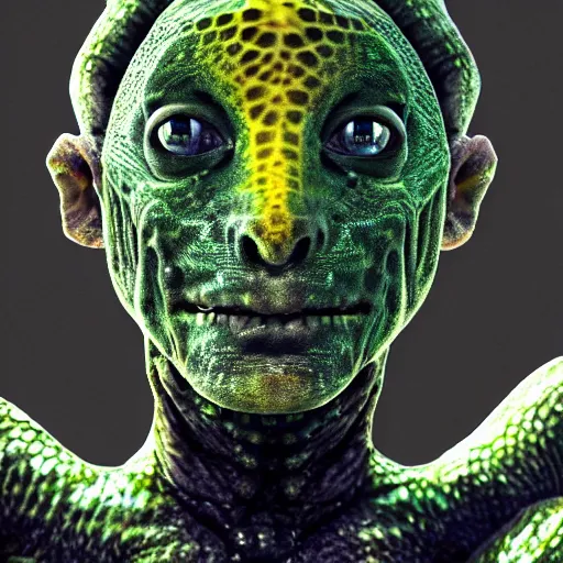 Prompt: A high-quality photo of Liz Truss as a lizard person, slit pupils, scales, human-animal hybrid, trending on artstation, hyperrealistic