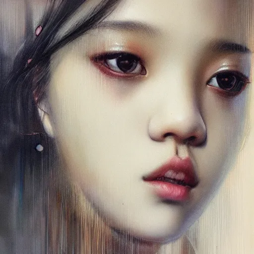 Image similar to jisoo of blackpink, hyperrealistic portrait, bladerunner street, by karol bak and agnes cecile, fantasy art, photo realistic, dynamic lighting, artstation, poster, volumetric lighting, very detailed face, 8 k, award winning