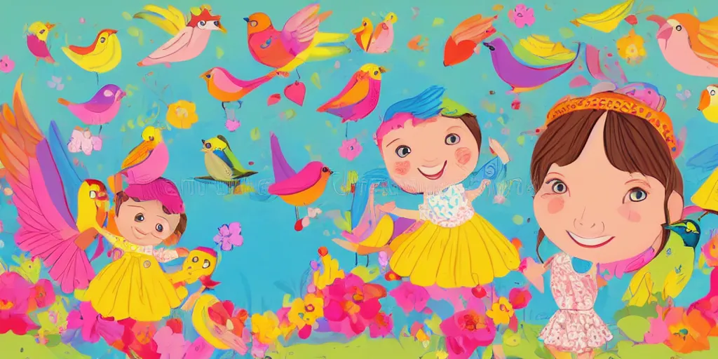 Prompt: little cute girl smiling, cute colorful birds flying around her head, storybook illustration