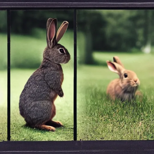 Prompt: a rabbit sitting then jumping up over a fence, film strip reel showing multiple frames