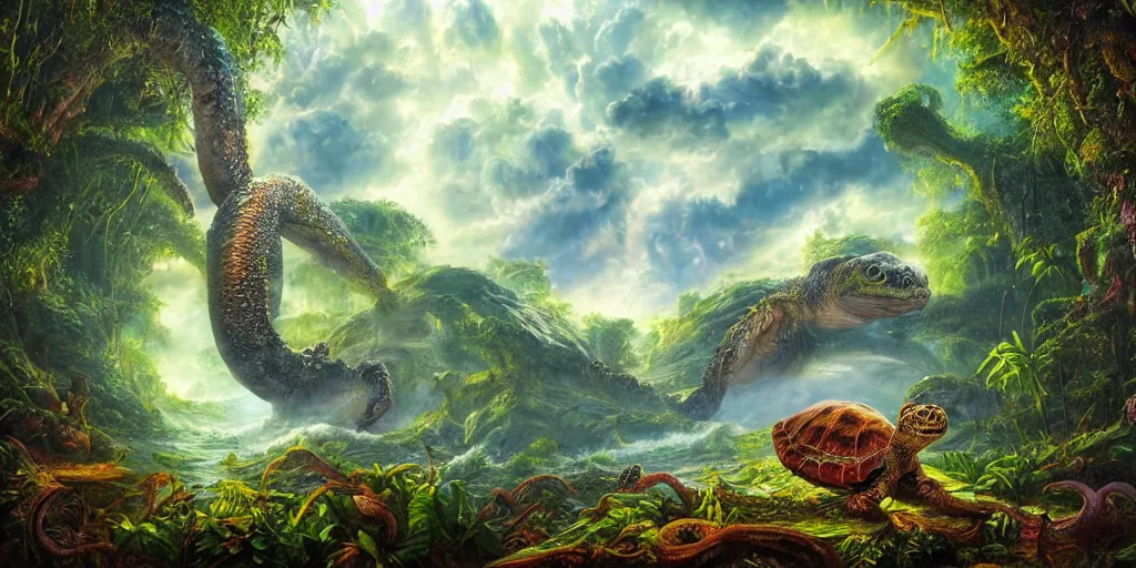 Image similar to fantasy oil painting, great leviathan, turtle cephalopod terrapin reptilian pachyderm amphibian hybrid, rainforest mountains, lush plants flowers, epic natural light, bright clouds, luminous sky, outer worlds, bright cinematic lighting, michael cheval, michael whelan, vray, 8 k hd