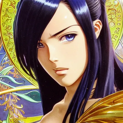 Image similar to highly detailed vfx portrait of nico robin by eiichiro oda!, makoto shinkai, alphonse mucha, sharp focus, art by artgerm and greg rutkowski!, backlit, harsh overhead sunlight, blue eyes!!, large aquiline nose!!, stanley kybric, kaoru mori, intricately detailed, best of behance,