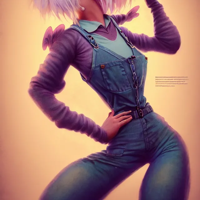 Image similar to full body pose, beautiful adult fairy, pixar, short white hair shaved sides, dirty, grungy, grunge, long sleeve, painted overalls, stacks of giant books, highly detailed, 4 k, hdr, smooth, sharp focus, high resolution, award - winning photo, artgerm, photorealistic