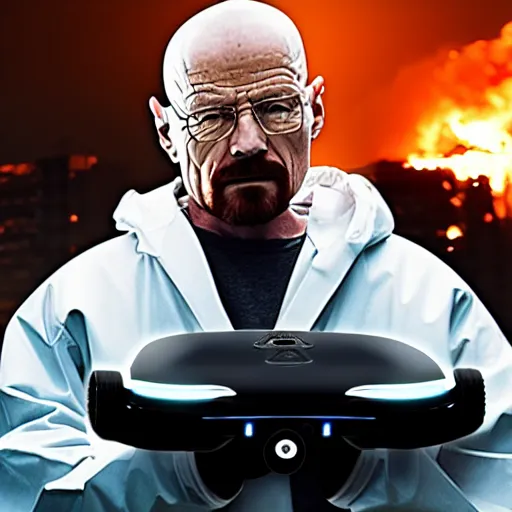 Image similar to Photo of Walter White standing on a hoverboard with several burning buildings behind him, cinematic lighting, highly detailed, 8k