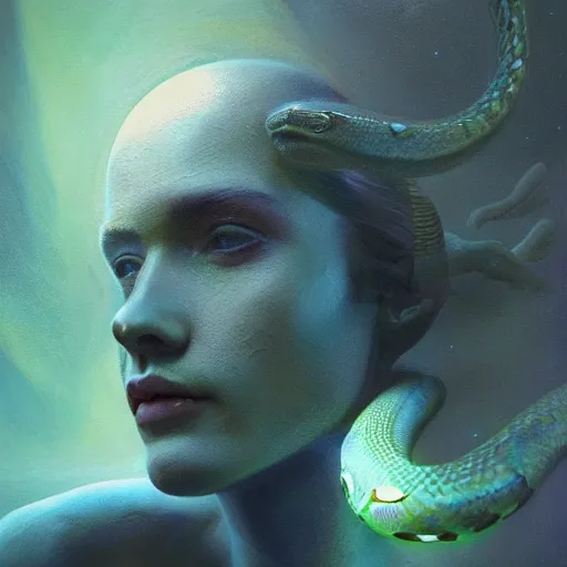 Prompt: 3 d, sci - fi, morning, sleepy fashion model face, sun, cinematic, clouds, sun rays, vogue cover style, poster art, light green mood, snakes, realistic painting, intricate oil painting, high detail, figurative art, multiple exposure, poster art, 3 d, by tooth wu and wlop and beeple and greg rutkowski