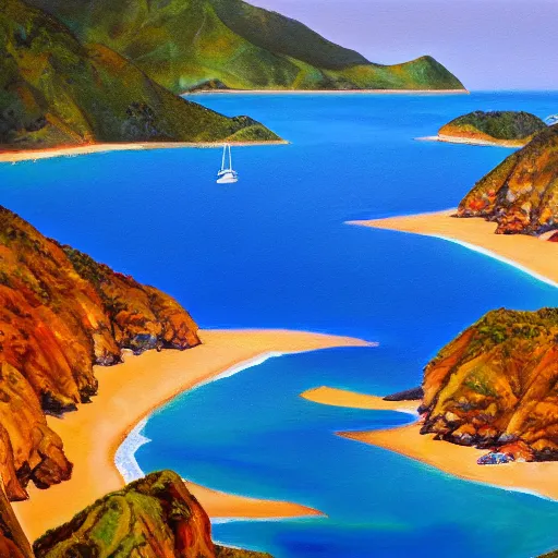 Image similar to golden bay new zealand, abel tasman, Lastreopsis hispida, colorful oil painting, trending on artstation