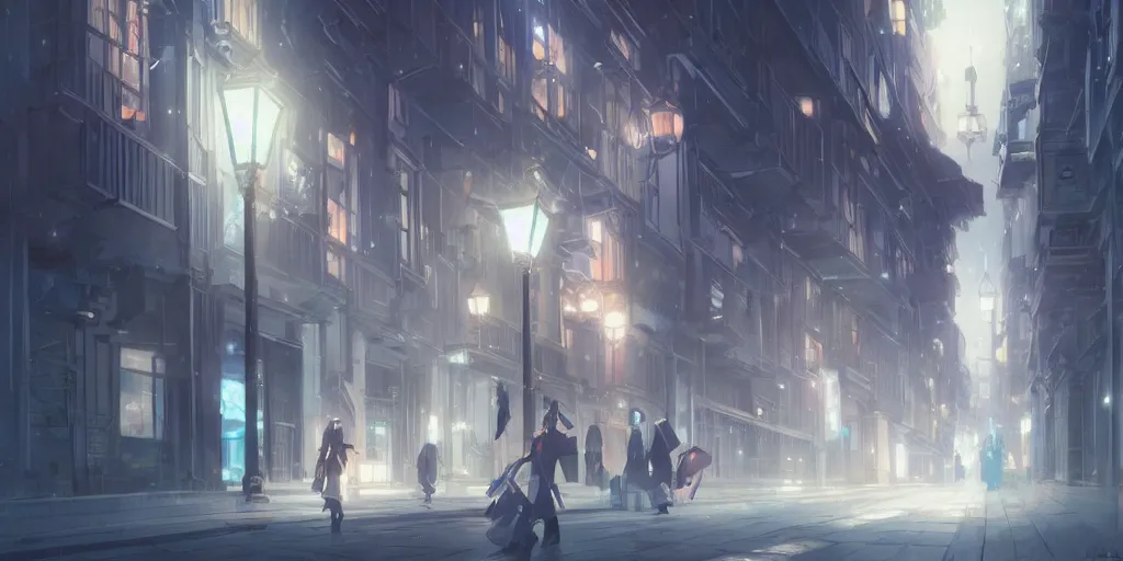 Image similar to anime kyoto animation key by greg rutkowski night, single white hair girl in night city