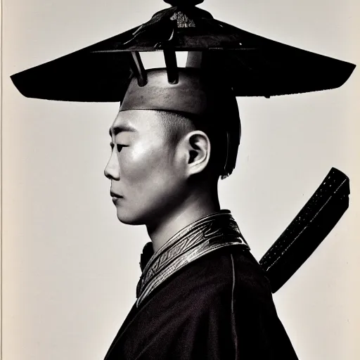 Image similar to fashion magazine head and shoulders portrait photo of a samurai