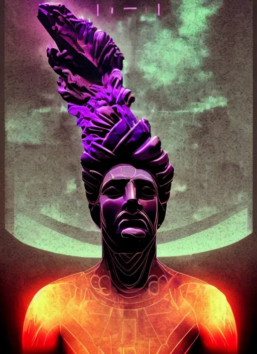 Image similar to dark design poster showing a heroic statue of zeus, black background with very subtle purple red design elements, powerful, nekro, vito acconci, thin straight lines, dark, glitch art, neo vaporwave, gritty, layout frame, square, trending on artstation