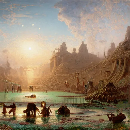 Image similar to detailed painting of a multiverse gateway in ancient mesopotamia in the middle of a sulphur lake, filigree ornaments, andreas achenbach, simon stalenhag